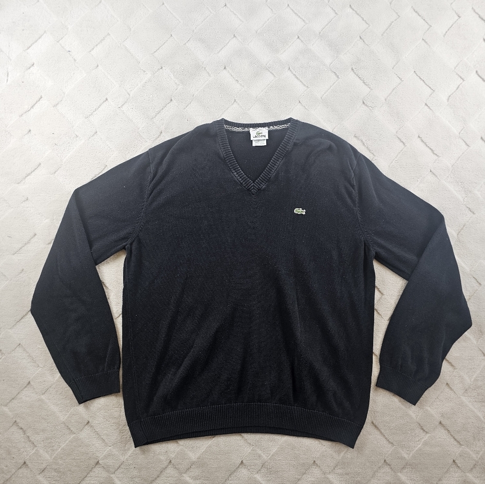 Vintage Lacoste Black V-Neck Sweater Mens Large Black  FLAWED
